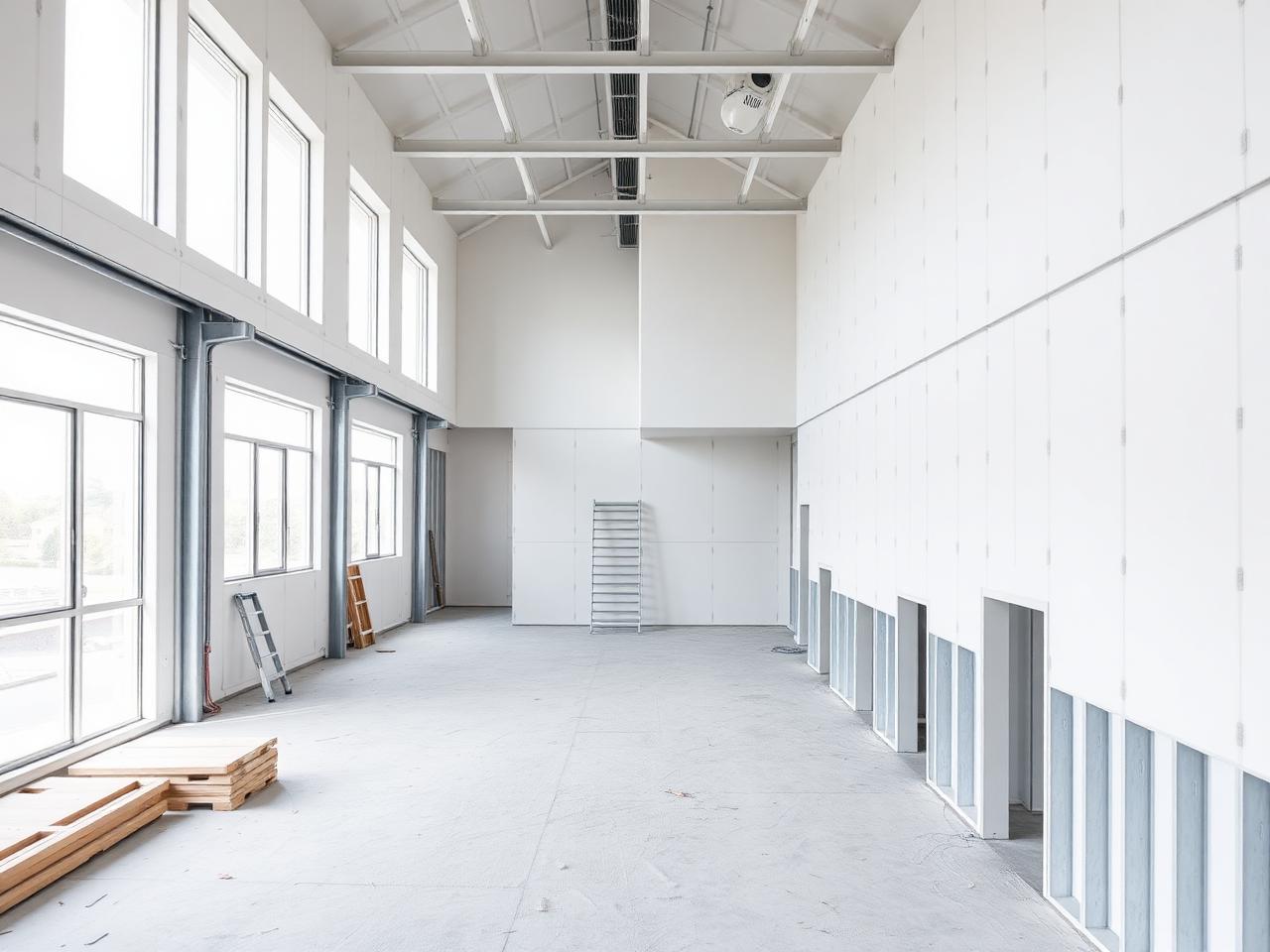 Trockenbauwand mit Metallständerwerk auf einer Baustelle in Berlin
