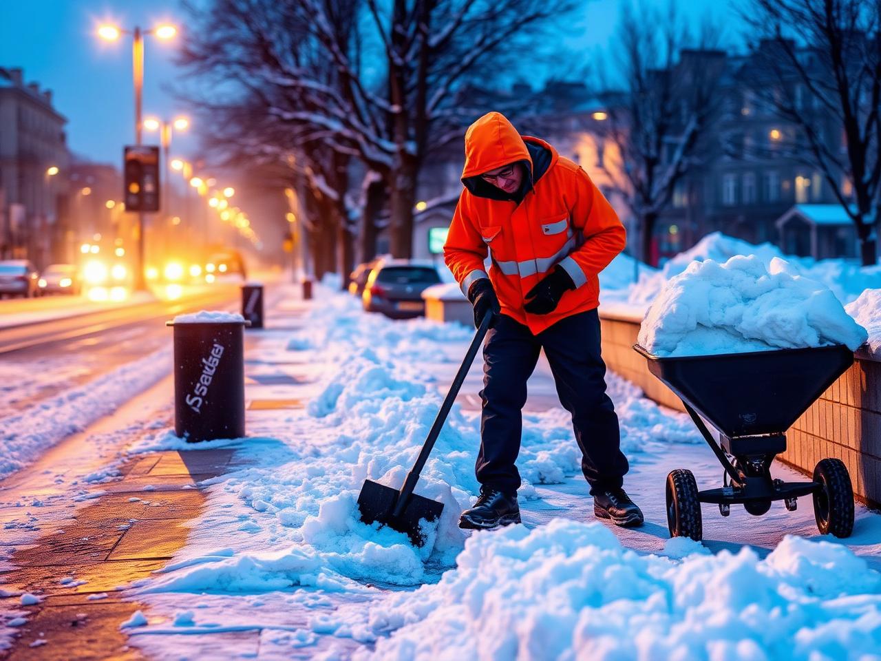 Winterdienst räumt Gehweg vor einem Berliner Wohnhaus